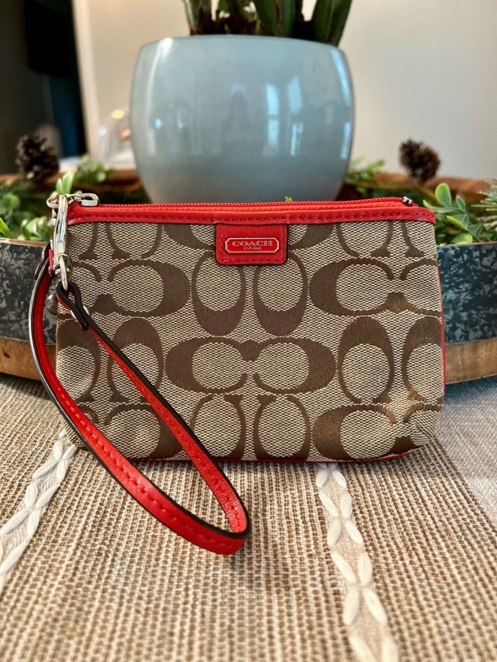 🧡Coach Signature Canvas Wristlet Khaki Brown Red Trim Small Pouch